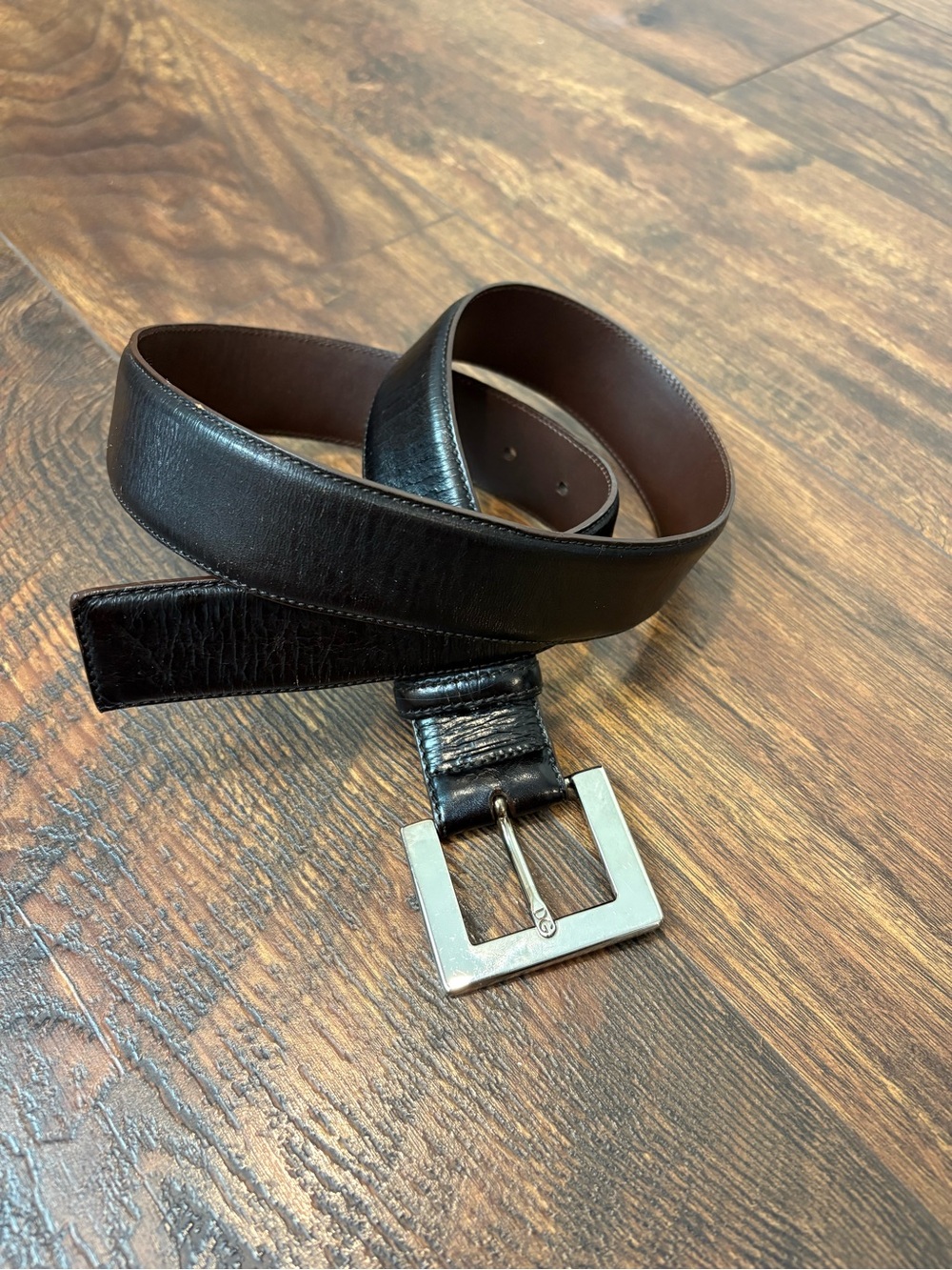 Dolce & Gabbana Black Leather Belt with Silver Tone Buckle Size EU 42